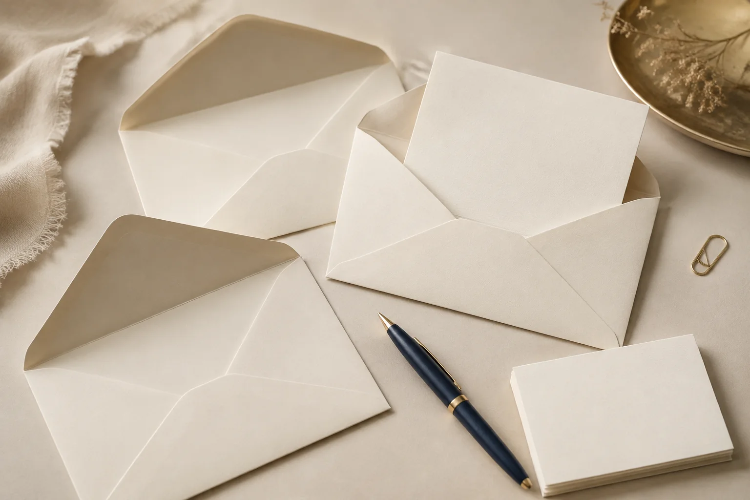 Cream envelopes and message cards beside a navy and gold pen