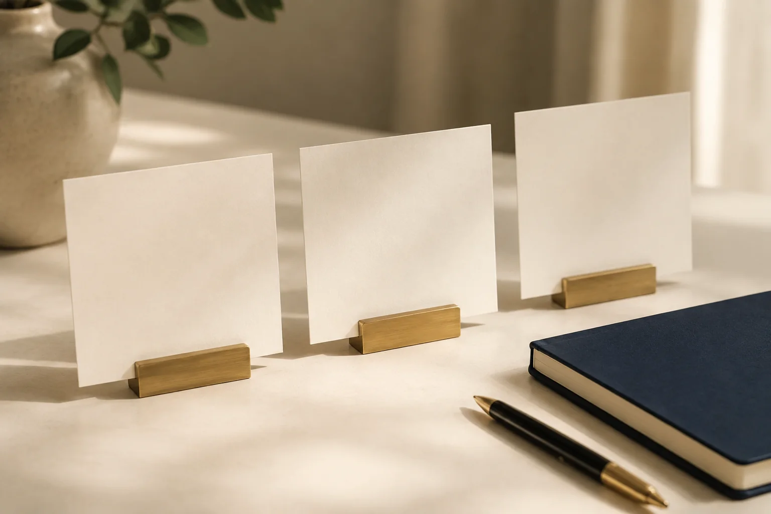 Three blank client cards in brass stands beside a navy notebook