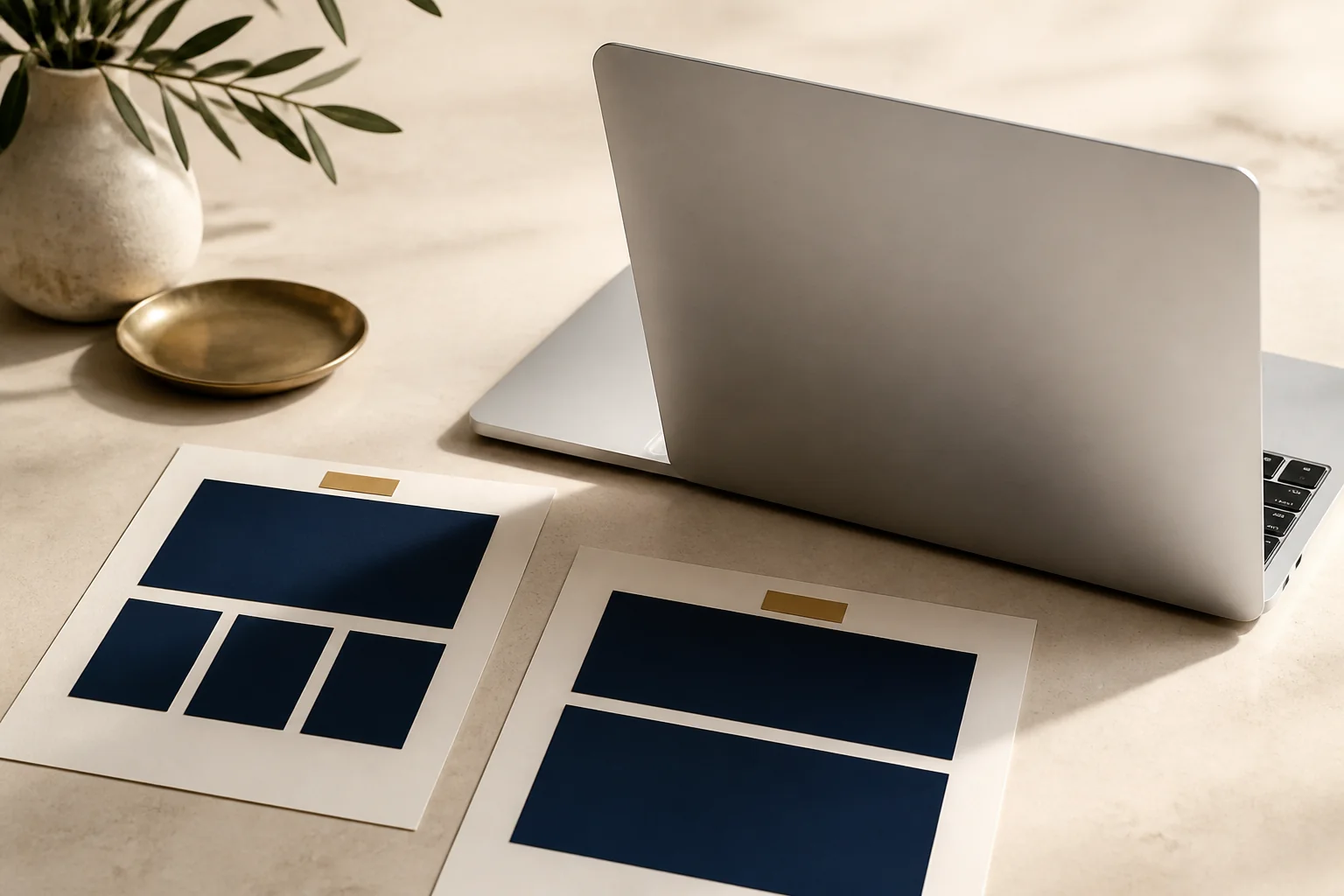 Laptop and cream page layouts with navy blocks and gold tabs