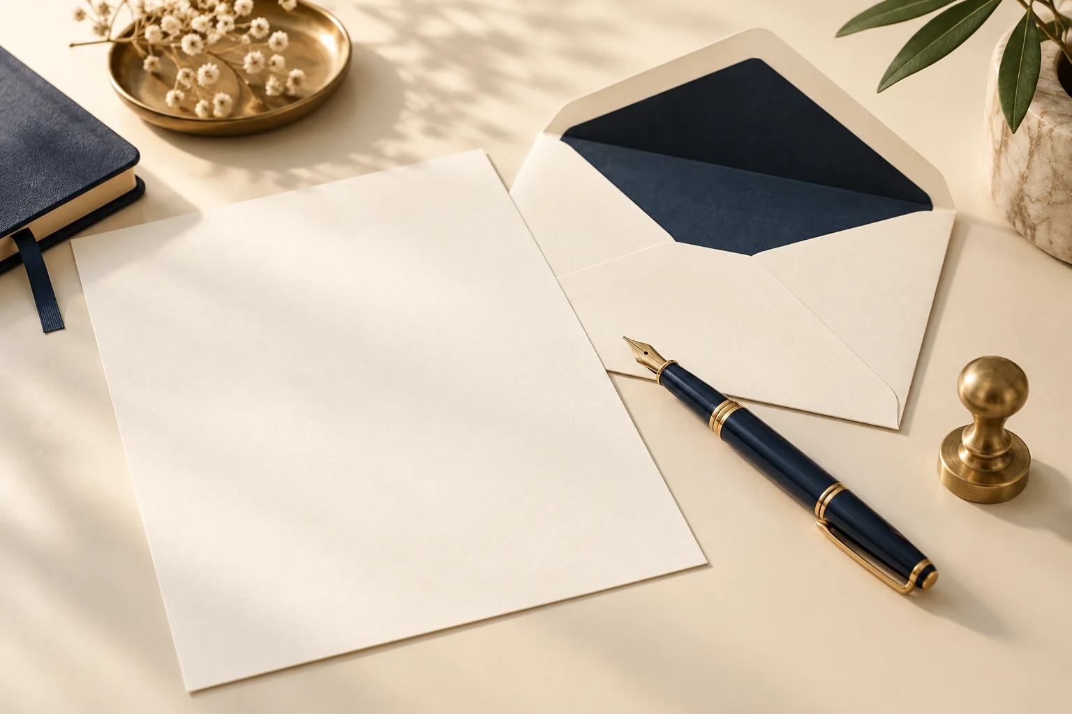 A cream letter and open envelope with a navy and gold fountain pen