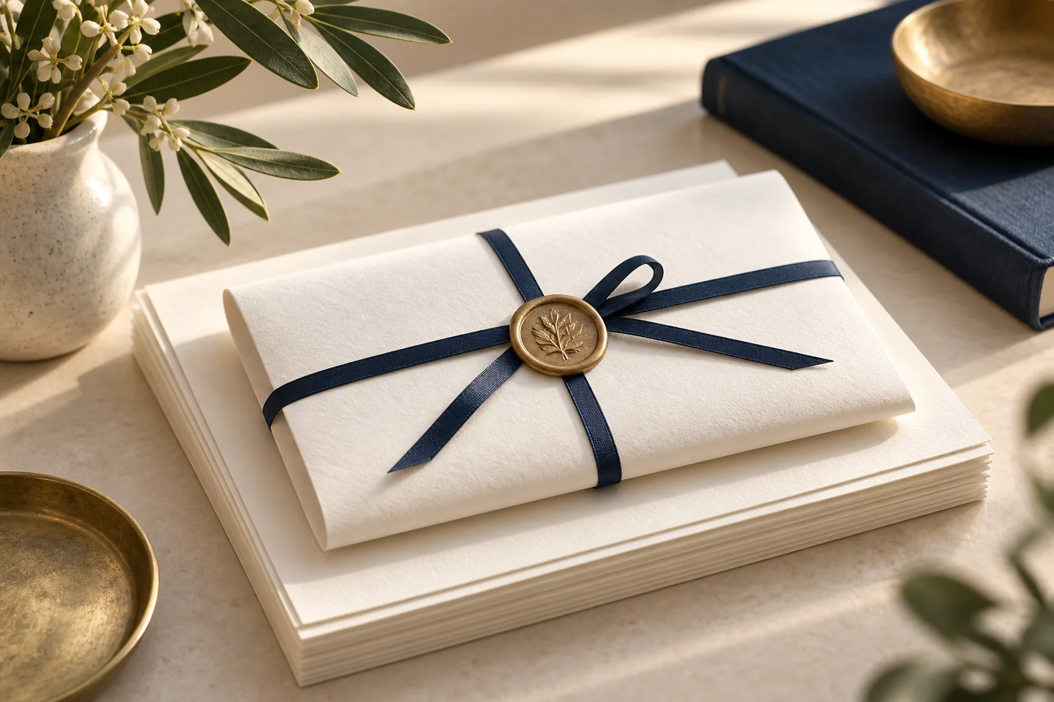 A folded cream document tied with navy ribbon and a gold wax seal