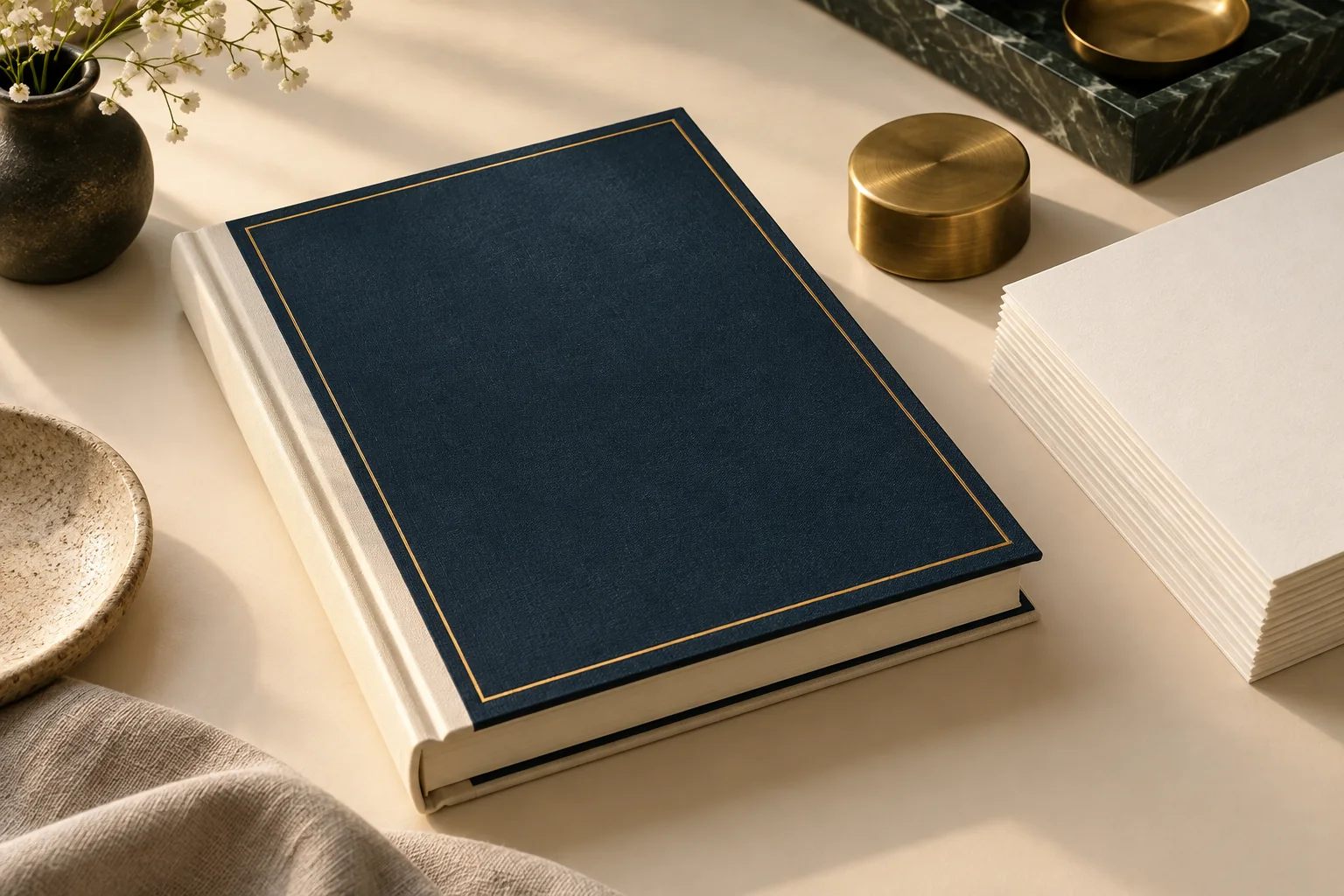 A closed navy handbook with a gold border beside neat papers