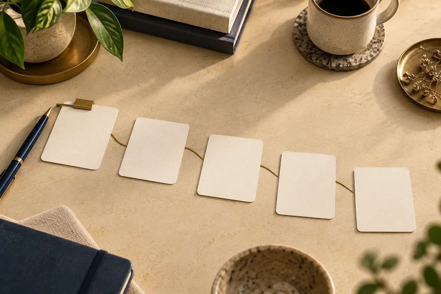 A paper client-journey path of cream cards across a warm desk